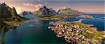 Breathtaking aerial panorama of fishing town Reine and surrounding fjords on Lofoten islands in Norway, famous for its picturesque scenery
