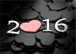 New year 2016 written in 3D on a lot of black heart shapes with red heart instead of the zero. Concept image for greeting card design background.