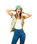 Surprised Hipster Girl in Glasses Holding Hands on Her Head Isolated at White Background. Shock and Amazing Emotions Concept. Trendy Casual Fashion Outfit in Spring.