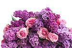 Bouquet of fresh purple Lilac flowers with pink roses close up isolated on white background