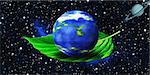 An ecological image showing a planet in a leaf at space background