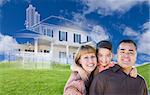 Young Happy Mixed Race Family and Ghosted House Drawing on Grass.