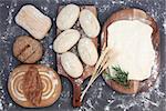 Fresh dough for bread making with ciabatta and seeded rolls and  rye loaf with wheat sheaths and rosemary herb and flour dusting over grey background.