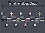 Horizontal timeline infographics with text, dates and icons, dark background, vector eps10 illustration