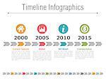 Timeline infographics design with colored arrows and icons in circles, vector eps10 illustration