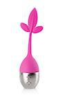 Tea infuser with metallic container and pink rubber handle with leaves. Isolated on white background.