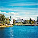 Minsk Historical Center Nemiga View with Svisloch River. Belarus. Copy Space. Toned Instagram Styled Photo.