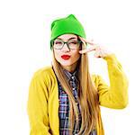 Portrait of Funny Street Style Hipster Girl Going Crazy Isolated at White Background. Trendy Casual Fashion Outfit in Spring or Autumn.