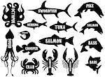 monochrome vector set of silhouettes of different sea products