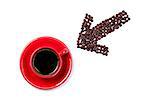 Coffee beans shaped arrow pointing to red coffee cup