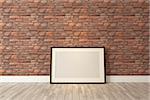 Blank picture frames with red natural brick wall and wooden parquet decor like loft style, background, template design