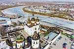 Tyumen, Russia - April 3, 2015: Aerial view on Holy Trinity Monastery. Church of Saints Peter and Paul and Holy Trinity Cathedral