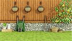 Tools for gardening in a garden with  old wall, wooden fence and lemon tree-3d rendering