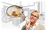 Creative Woman With Pencil Over Custom Kitchen Drawing and Thought Bubble Photo Combination.