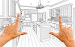 Female Hands Framing Custom Kitchen Design Drawing.