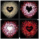 set of Black valentines day background with glowing gold and red hearts