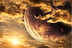 Sunset in storm sky and alien planet. Elements of this image furnished by NASA