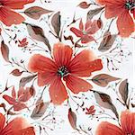 Seamless pattern with watercolor flowers. Red flowers on a white background.  Hand-drawn illustration.