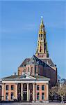 Market square with grain exchange and church in Groningen, Holland