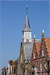 Church tower and facades in the historical center of Sloten, Holland