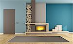 Blue and brown contemporary living room with fireplace and closed door - 3D Rendering