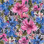 Seamless pattern with blue and pink watercolor flowers.  Drawing with ink and watercolor.