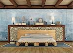 Pellet bed in a rustic bedroom with stone wall and wooden ceiling - 3D Rendering