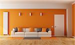 Modern orange living room with white sofa and closed door - 3D Rendering