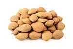 Large pile of whole almonds in shells, isolated on a white background