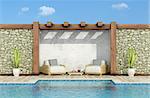 Garden with stone wall, swimming pool and two pallet armchair in a sunny day - 3d Rendering