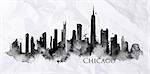 Silhouette of Chicago city painted with splashes of ink drops streaks landmarks drawing in black ink on crumpled paper