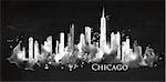 Silhouette of Chicago city painted with splashes of chalk drops streaks landmarks drawing with chalk on blackboard