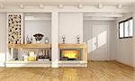 White living room with fireplace,wooden beams and closed door on background - 3D Rendering