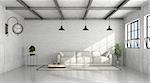 Loft interior with white brick wall and white sofa - 3D Rendering