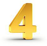 The number four as a polished golden object over white background with clipping path for quick and accurate isolation.