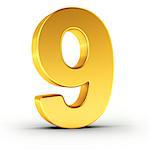 The number nine as a polished golden object over white background with clipping path for quick and accurate isolation.