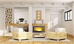 Rustic room with fireplace and two pallet armchair - 3D Rendering