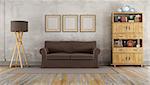 Vintage living room with brown sofa and wooden bookcase - 3D Rendering