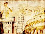 Grunge background with paper texture and landmarks of Italy - volcano Mount Vesuvius, Leaning Tower of Pisa, Colosseum, Michelangelo's David