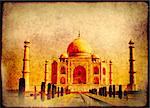 Grunge background with paper texture and famous landmark of India - Taj Mahal,