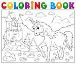 Coloring book unicorn near castle - eps10 vector illustration.