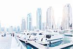 skyline of the Dubai Marina with boats, intentional overexposure, Middle East, UAE