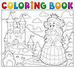 Coloring book happy princess near castle - eps10 vector illustration.