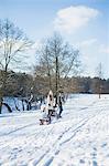 Family playing with sled on a beautiful snowy day