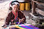 Palaung woman weaving, part of the Palau Hill Tribe near Hsipaw Township, Shan State, Myanmar (Burma), Asia