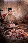 Hsipaw market, portrait of a woman peeling onions, Shan State, Myanmar (Burma), Asia