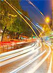 Streams of car headlights at night, London, England, United Kingdom, Europe