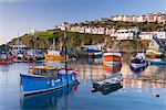 Cornish fishing boats in Mevagissey harbour at sunrise, Cornwall, England, United Kingdom, Europe