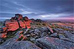 First light at sunrise glows against Belstone Tor, Dartmoor National Park, Devon, England, United Kingdom, Europe