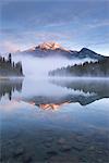 Pyramid Mountain in the Canadian Rockies reflected in Pyramid Lake, Jasper National Park, UNESCO World Heritage Site, Alberta, Canada, North America